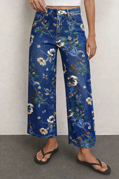 Allover Floral Pattern Straight Leg High Rise Crop Jeans