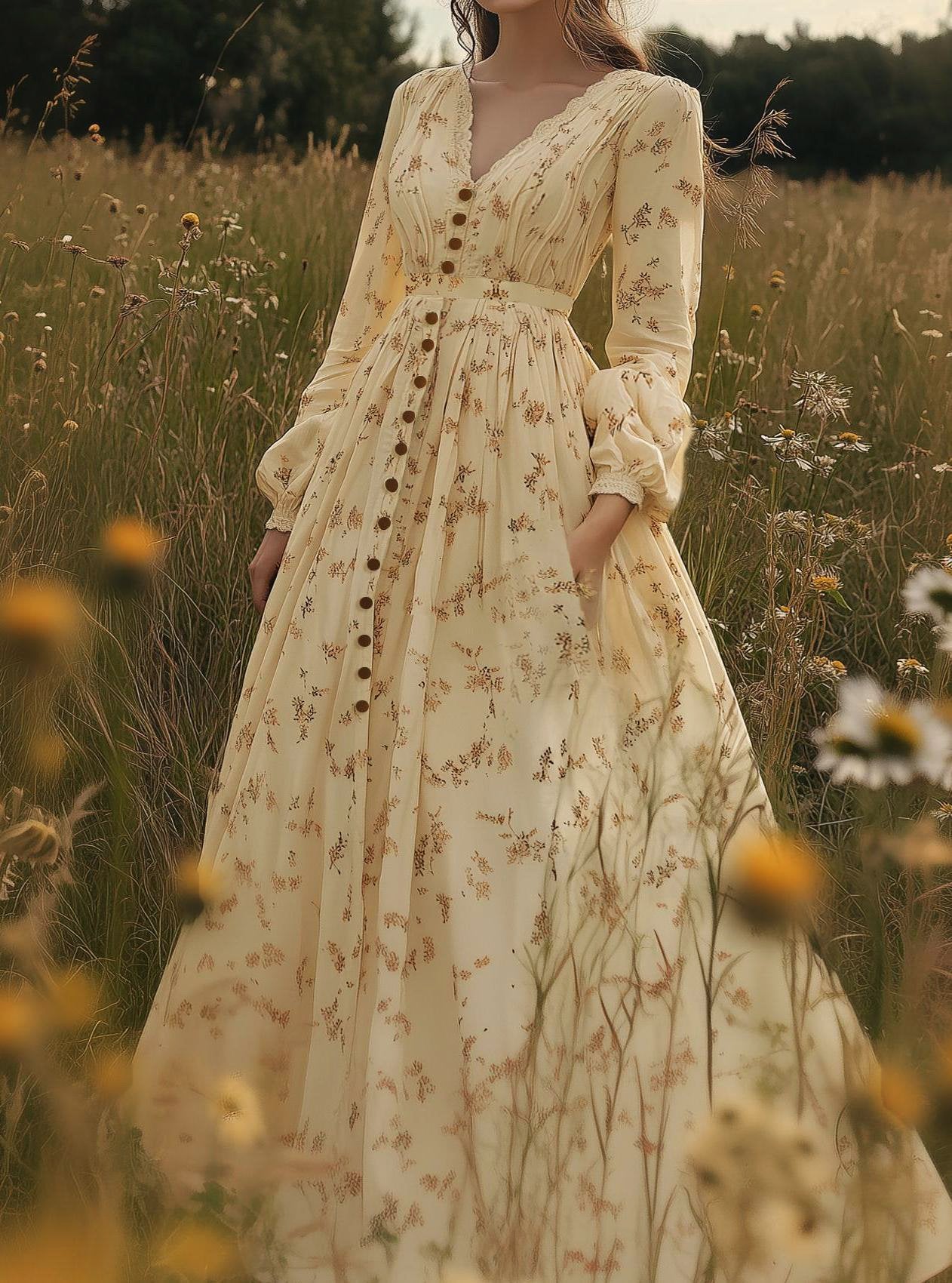 Robe longue en lin, manches longues, col en V, style cottagecore, mélange de lin, couleur abricot