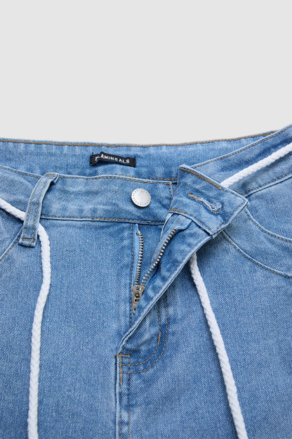 Wash Drawstring Adjustable Pleated High Waist Straight Leg Capri Jeans