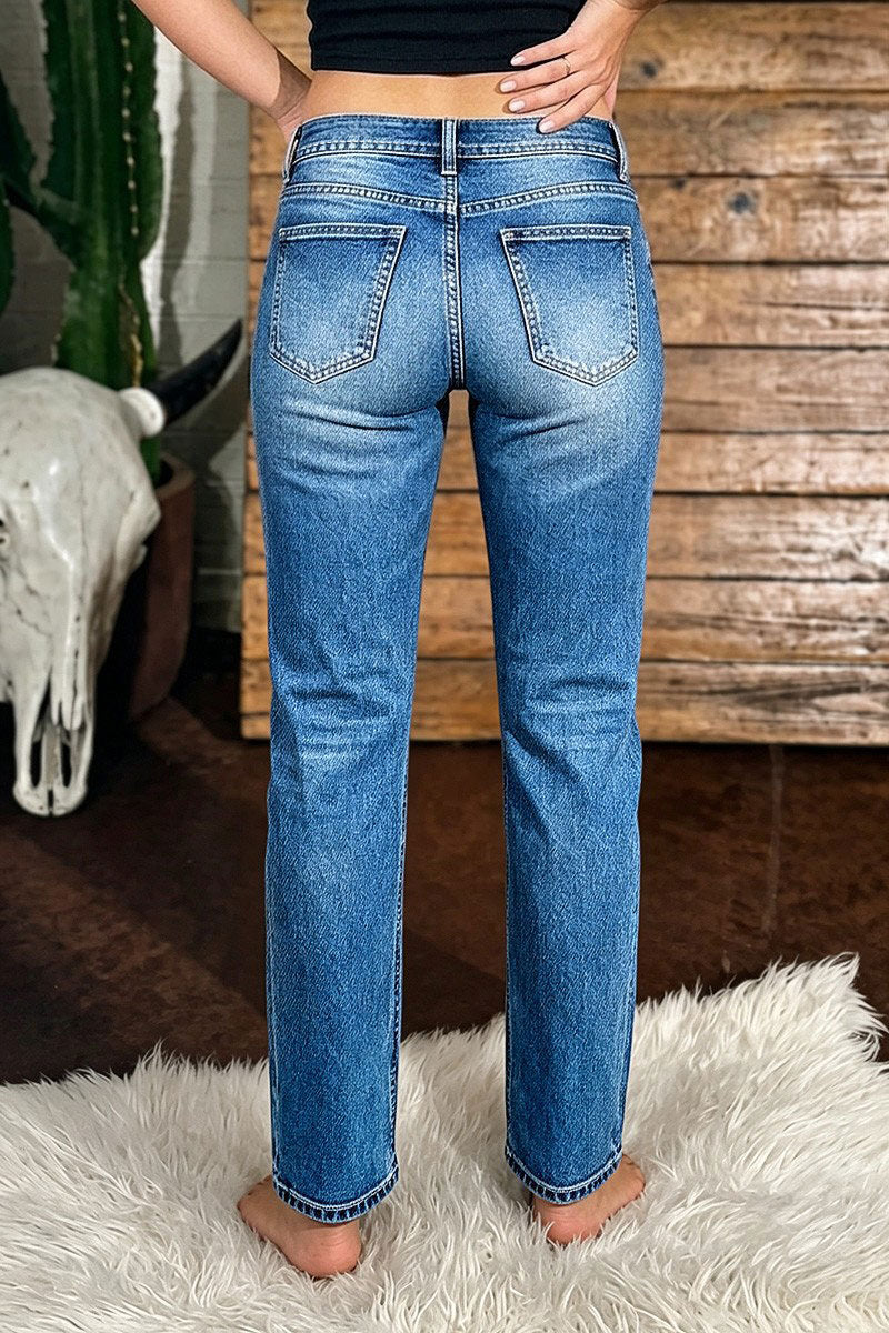 Wash Stitch Detail Mid Waist Straight Leg Jeans