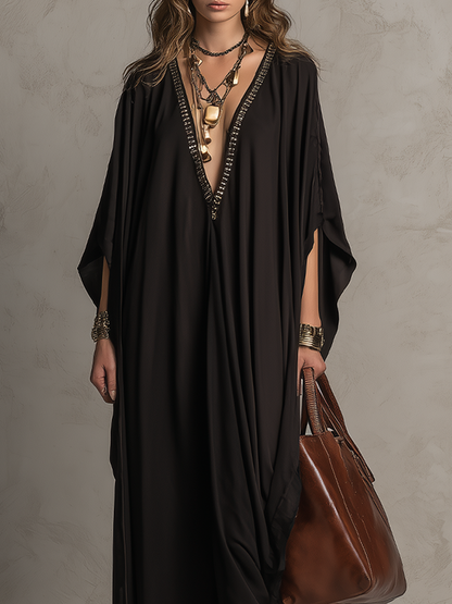 Robe longue noire bohème à col en V et sequins