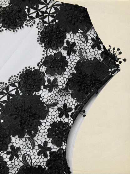 Robe midi en coton, sans manches, col montant, unie, dentelle, vintage français, blanche