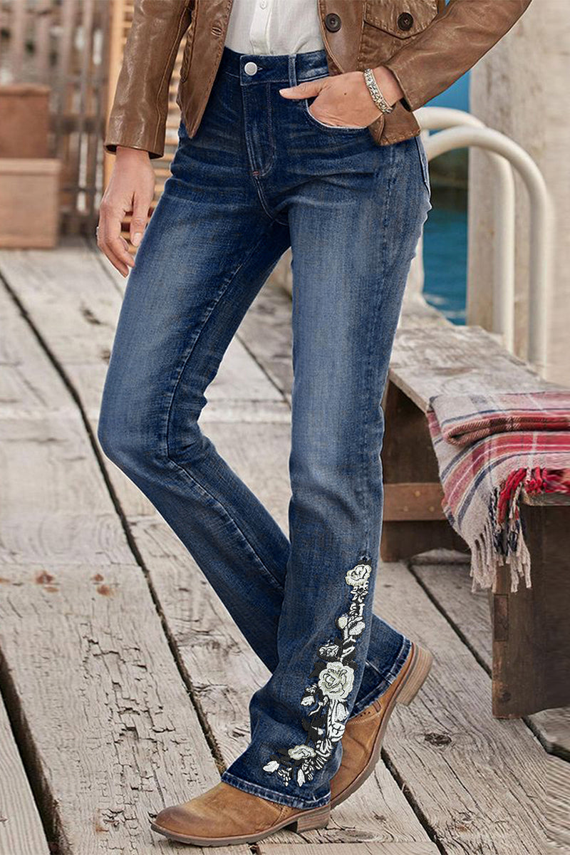 Washed Floral Embroidery Stretchy Mid Waist Bootcut Jeans