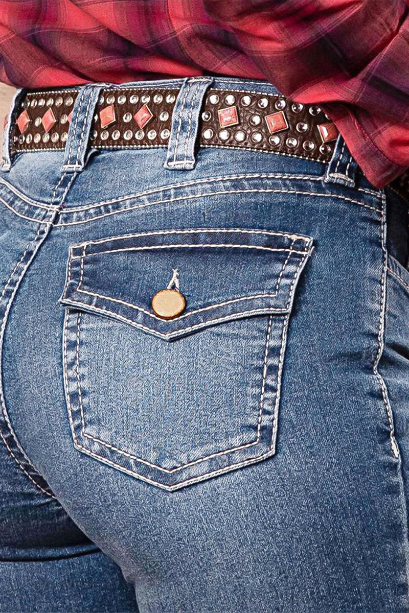 Wash Mid Waist Buttoned Hem Bootcut Jeans Without Belt