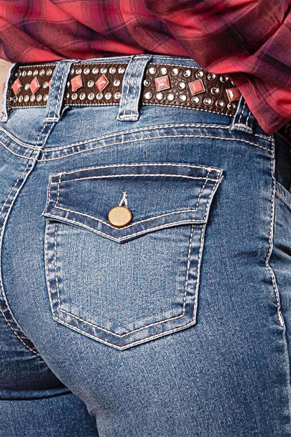 Wash Mid Waist Buttoned Hem Bootcut Jeans Without Belt