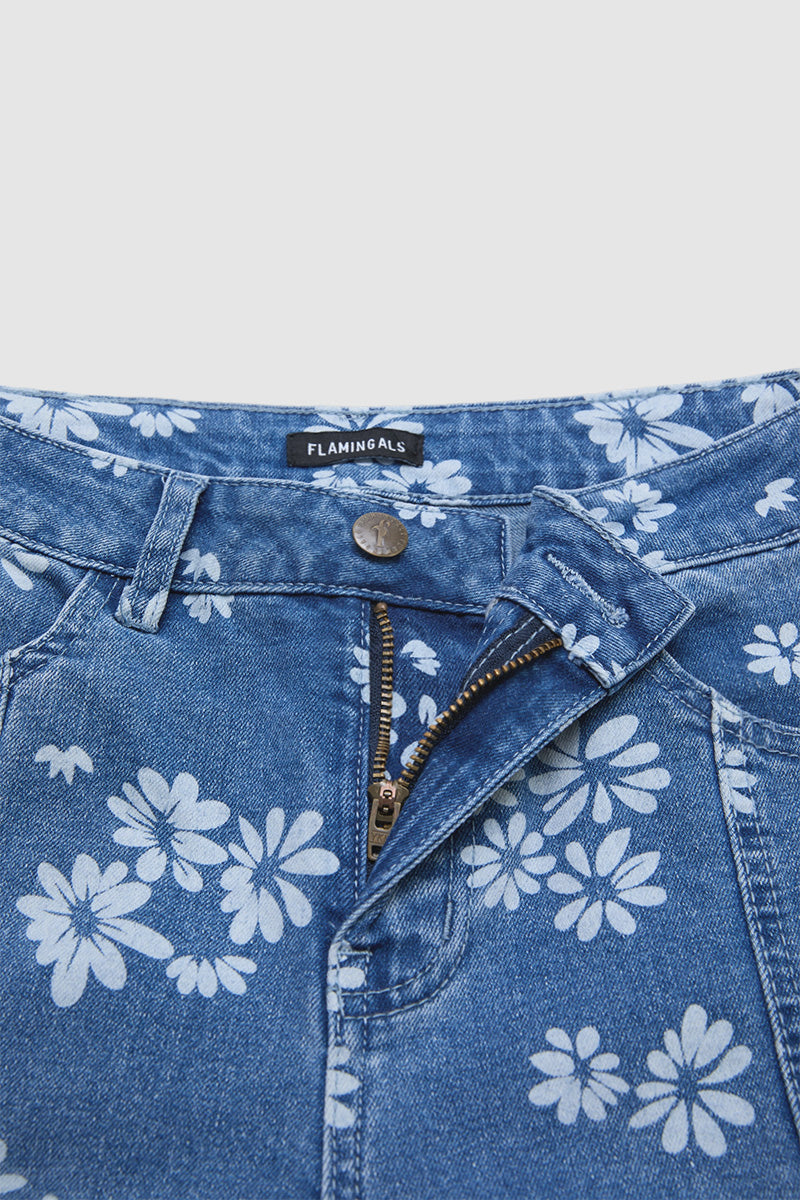 Floral Pattern Ruffle Stitch Detail Mid Waist Wide Leg Crop Jeans