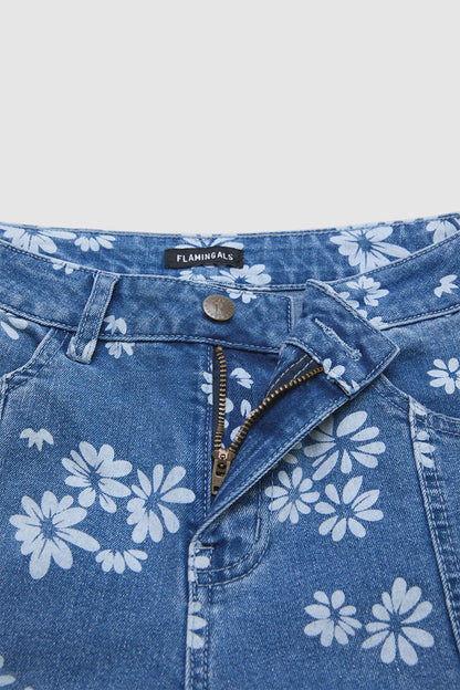 Floral Pattern Ruffle Stitch Detail Mid Waist Wide Leg Crop Jeans