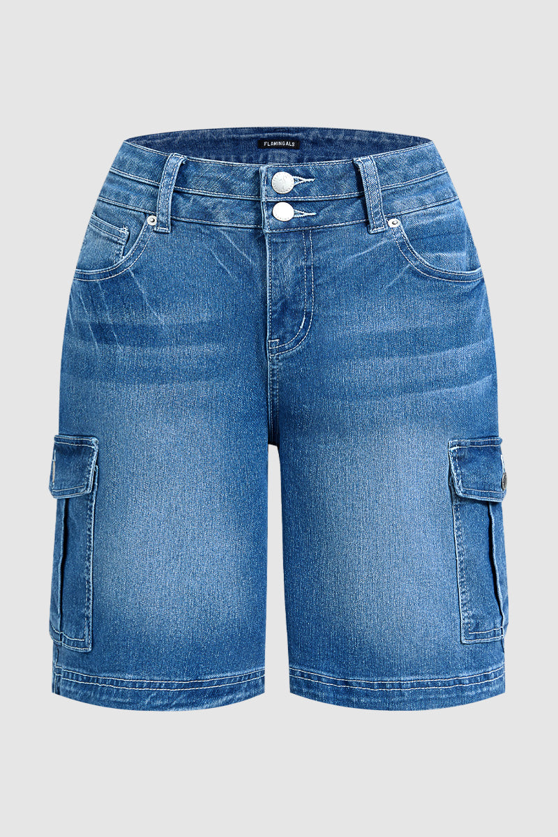 Wash Flap Pocket Dual Button Mid Rise Cargo Denim Bermuda Shorts