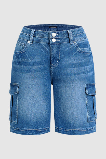 Wash Flap Pocket Dual Button Mid Rise Cargo Denim Bermuda Shorts