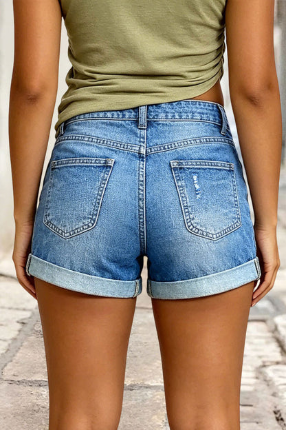 Wash Ripped Roll Hem Drawstring Mid Rise Denim Shorts