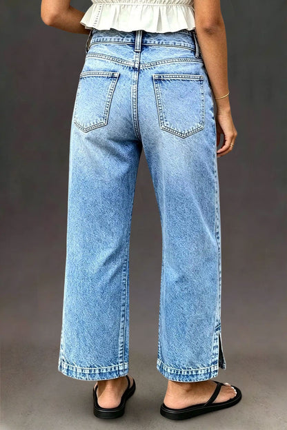 Wash Side Split Ripped Detail Mid Waist Wide Leg Cropped Jeans