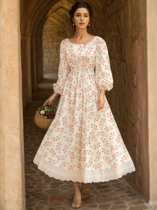 Robe longue élégante coupe classique à manches longues en coton et lin à motif floral, rose