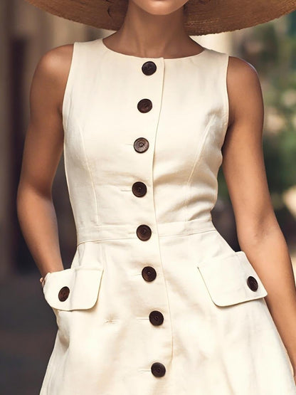 Robe Midi en Lin, Sans Manches, Col Rond, Unie, Boutonnée, Style Vintage Français, Blanc Cassé