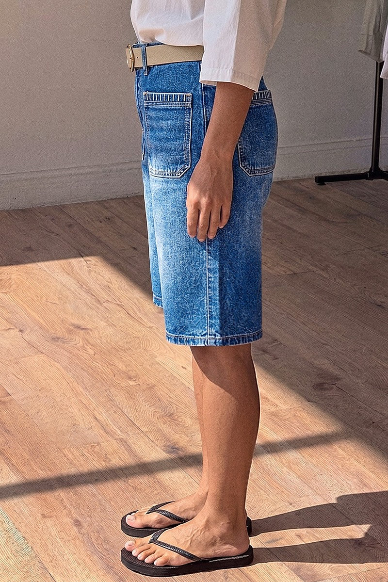 Wash Stitch Detail Patch Pocket High Rise Denim Bermuda Shorts