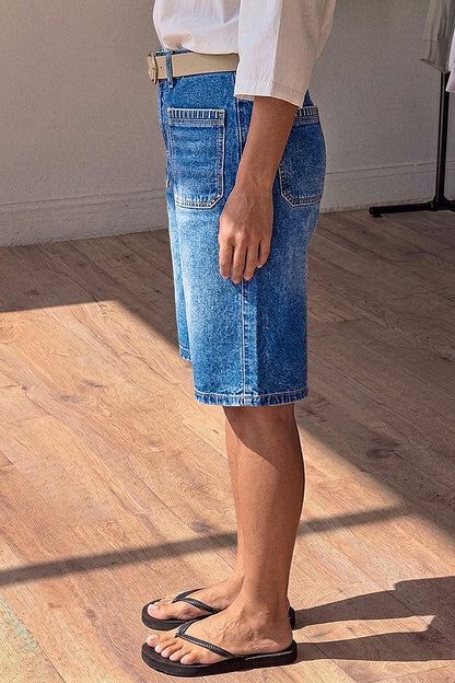 Wash Stitch Detail Patch Pocket High Rise Denim Bermuda Shorts