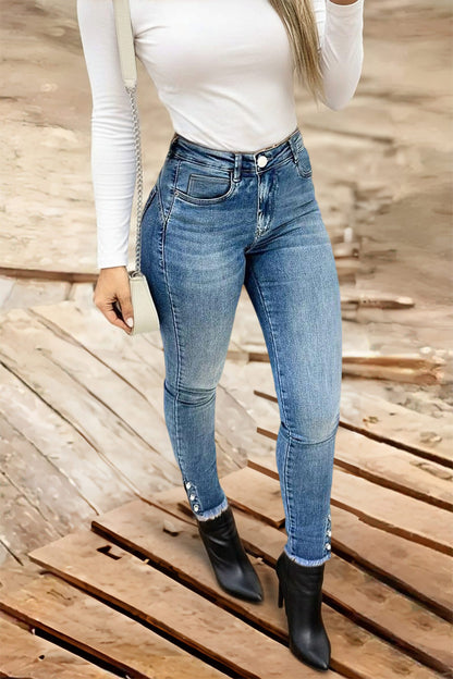 Pearl Button Side Raw Hem High Waist Skinny Jeans