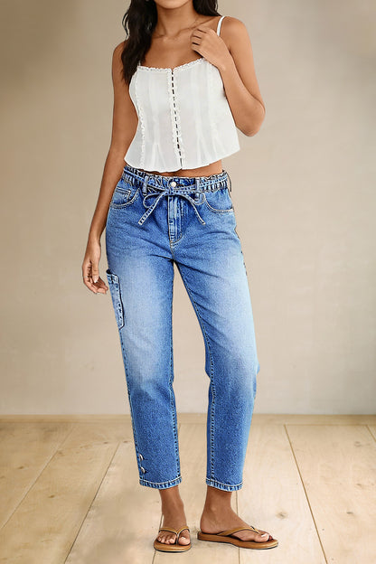 Patch Pocket Button Hem Belted Elastic Waistband Mid Rise Straight Leg Crop Jeans