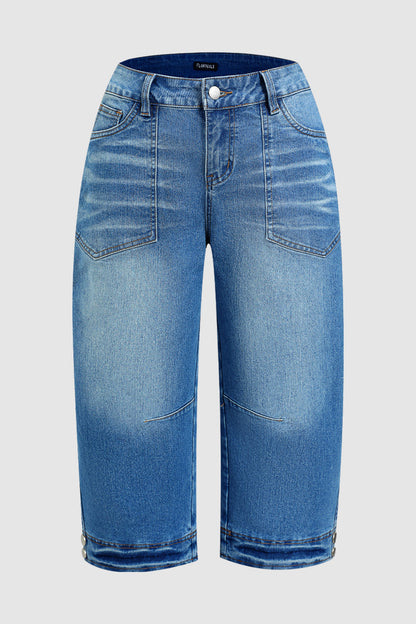 Wash Button Decor Mid Waist Barrel Leg Capri Jeans