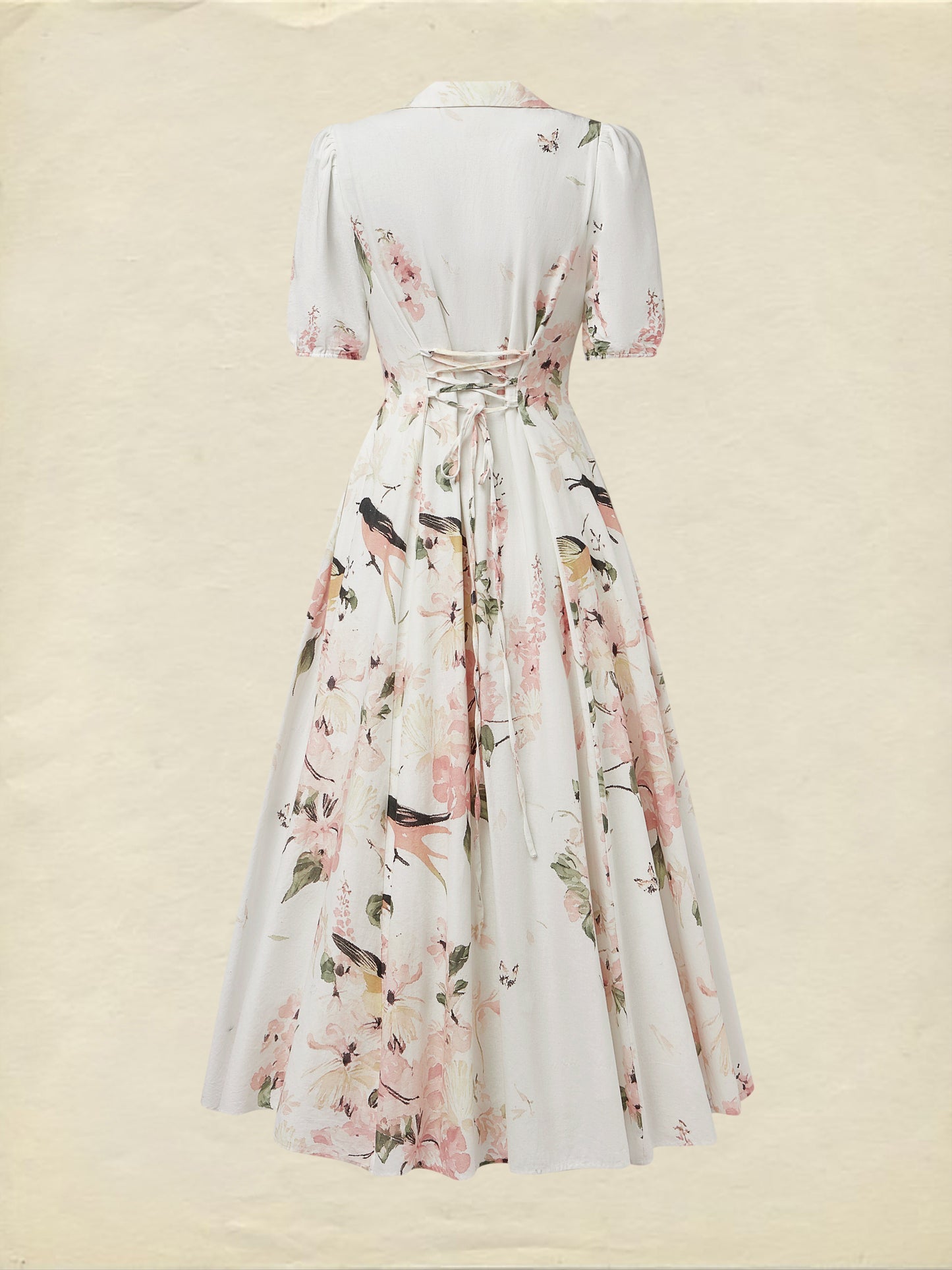 Robe longue en lin, manches ballon, col châle, fleurie, vintage, blanche