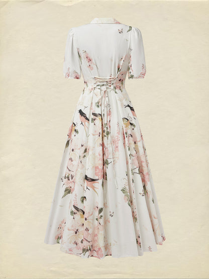 Robe longue en lin, manches ballon, col châle, fleurie, vintage, blanche