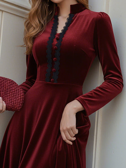 Robe mi-longue en coton, Manches longues, Col montant, Unie, Dentelle, Vintage français, Rouge vin