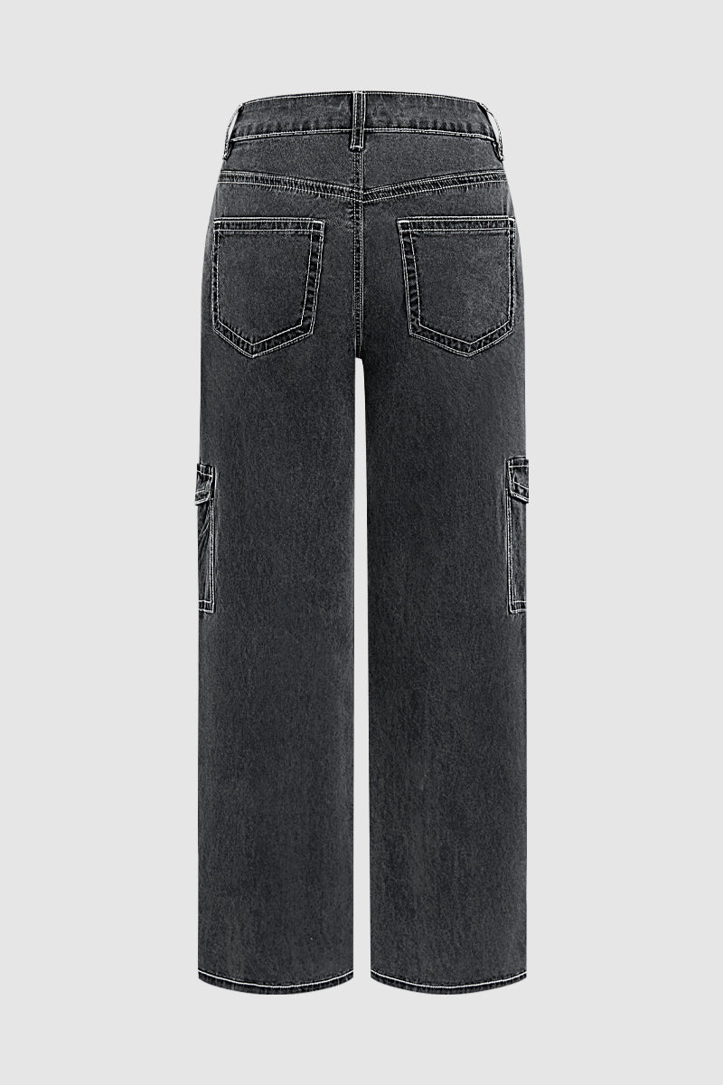 Wash Flap Pocket Seam Detail High Waist Straight Leg Pants Without Belt