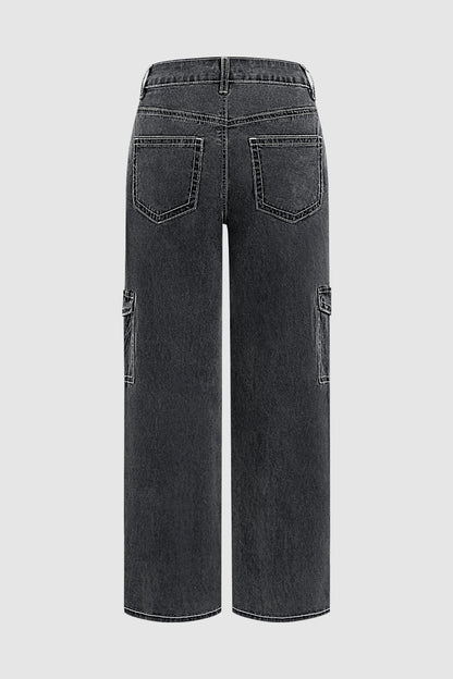 Wash Flap Pocket Seam Detail High Waist Straight Leg Pants Without Belt