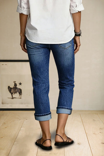Roll Hem Dual Button High Waist Straight Leg Capri Jeans