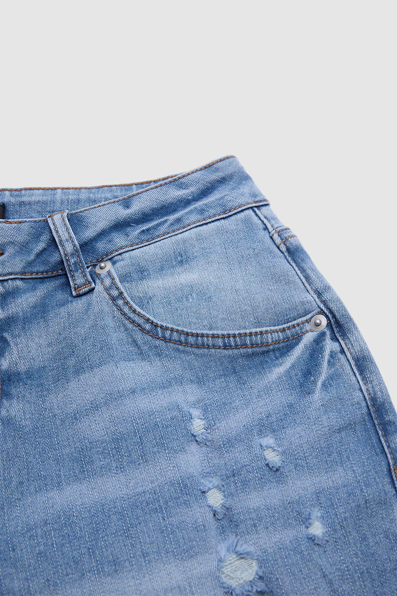 Wash Ripped Roll Hem Mid Rise Straight Leg Crop Jeans