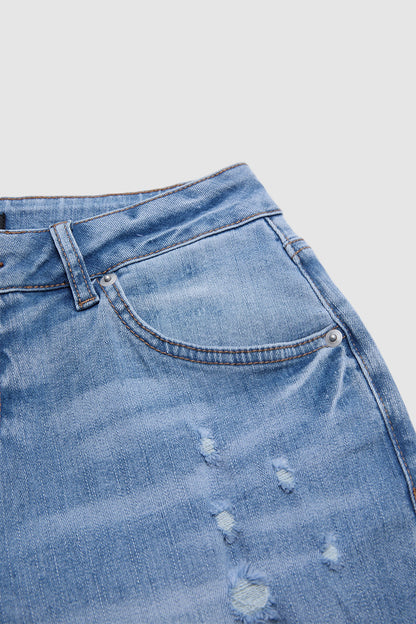 Wash Ripped Roll Hem Mid Rise Straight Leg Crop Jeans