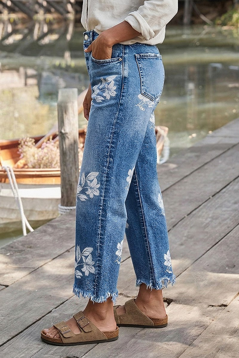 Floral Print Raw Hem Mid Waist Straight Leg Crop Jeans