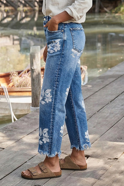 Floral Print Raw Hem Mid Waist Straight Leg Crop Jeans