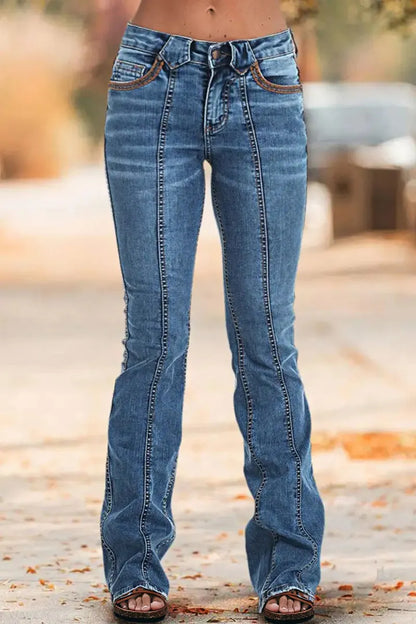Wash Contrast Stitch Low Waist Bootcut Jeans