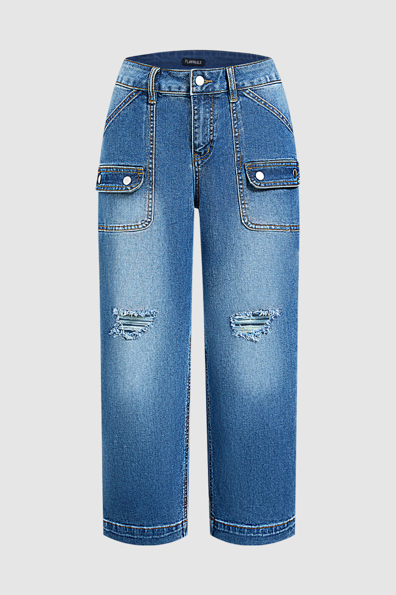 Ripped Flap Decor High Waist Straight Leg Cropped Jeans