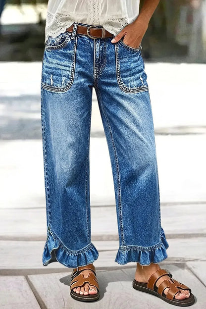 Wash Ruffle Hem Patch Pocket Mid Waist Straight Leg Jeans Without Belt