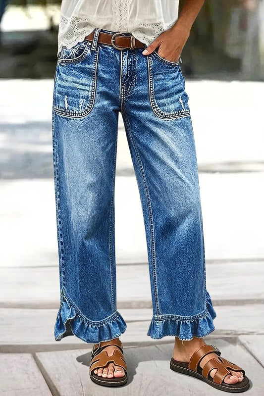 Wash Ruffle Hem Patch Pocket Mid Waist Straight Leg Jeans Without Belt