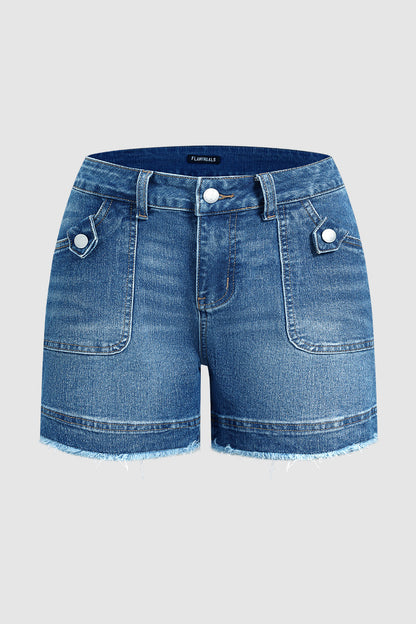 Wash Raw Hem Patch Pocket Mid Rise Denim Shorts