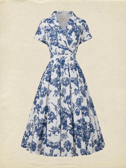 Robe midi en lin, manches courtes, col châle, florale, vacances, vintage, bleue