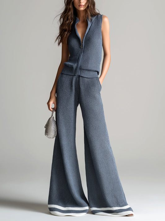 Chic Elegant Gray Stand Collar Zipper-Placket Vest Top Loose-Fit Contrast Stripes Wide-Leg Pants Ribbed Knit Two-Piece Set