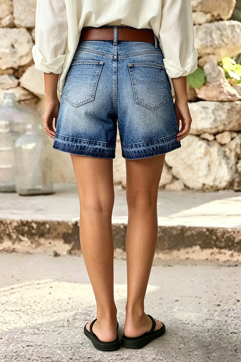 Wash Mid Rise Mid Thigh Denim Shorts Without Belt