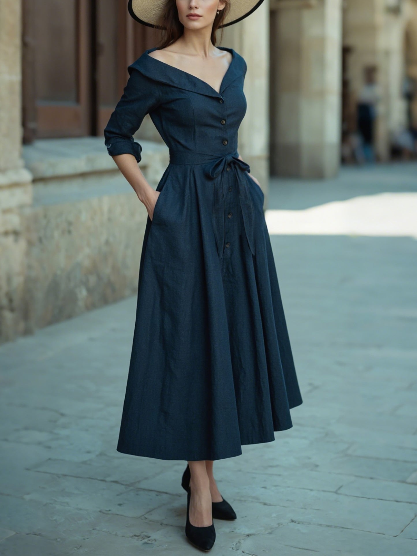 Robe midi en coton, demi-manches, col en V, unie, boutonnée, style vintage français, bleu marine