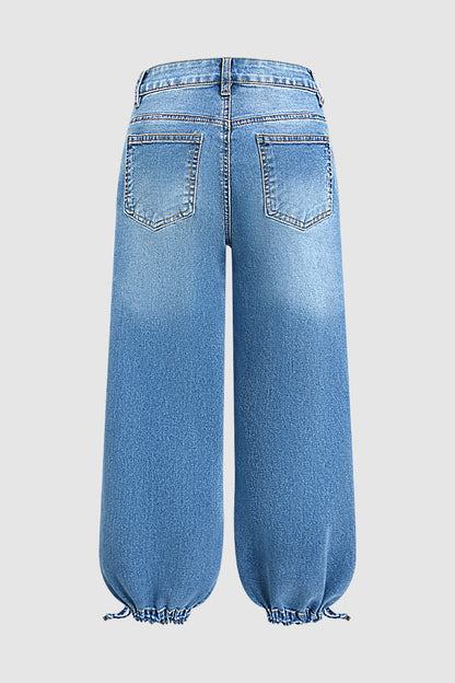 Wash Drawstring Hem Mid Rise Cropped Wide Leg Jeans