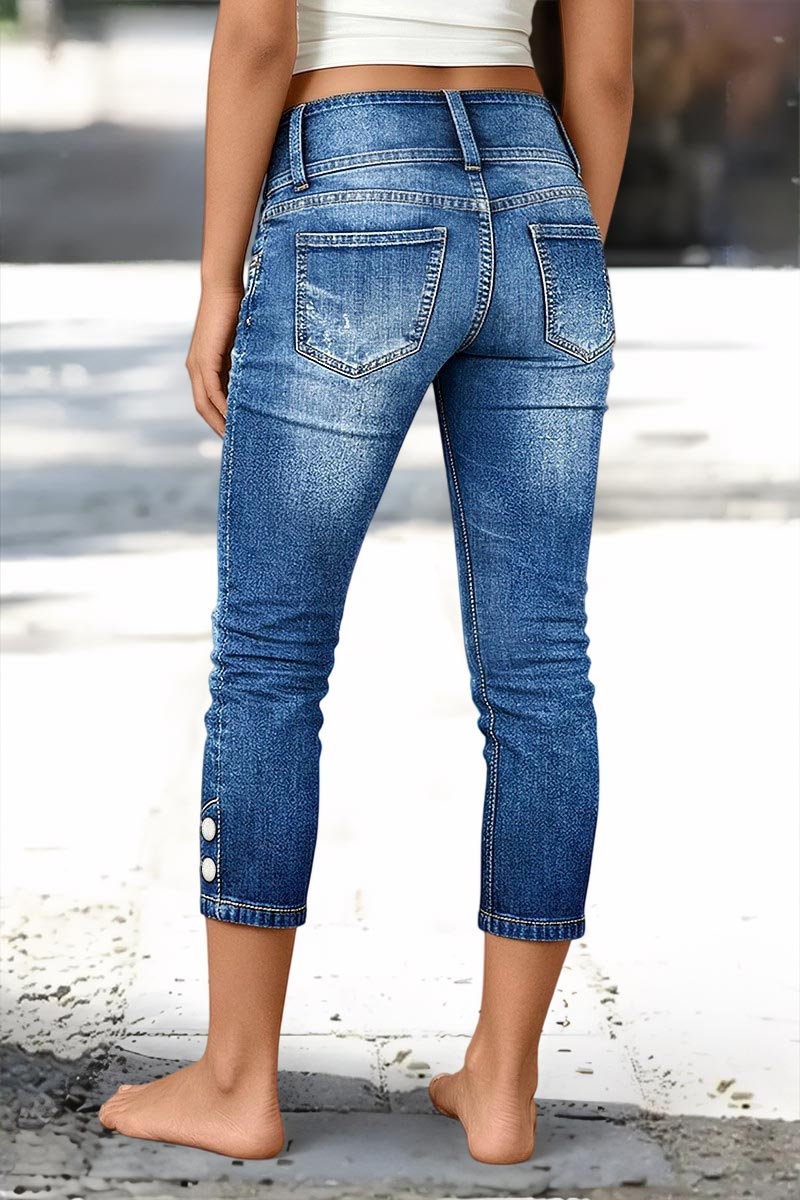 Wash Button Decor Mid Waist Skinny Capri Jeans