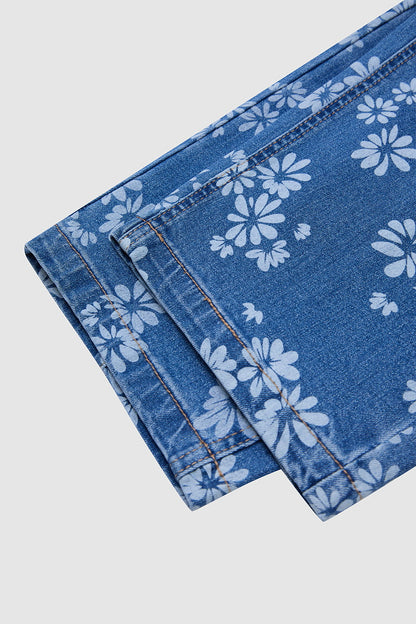 Floral Print Patch Pocket Drawstring Elastic Mid Rise Barrel Leg Crop Jeans