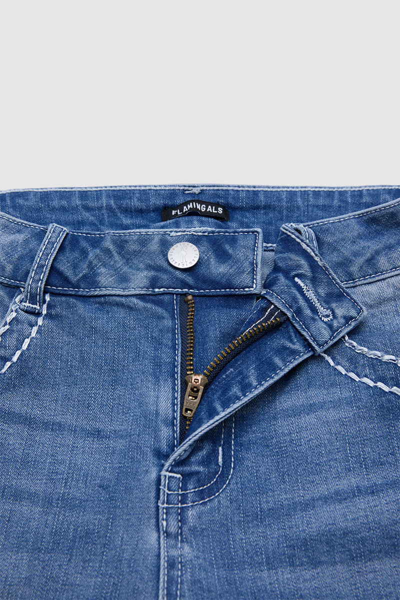 Stitch Detail Mid Waist Skinny Rolled Hem Capri Jeans