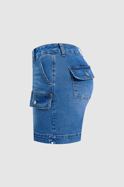 Wash Flap Pocket Split Hem Mid Rise Mid Thigh Denim Shorts Without Belt