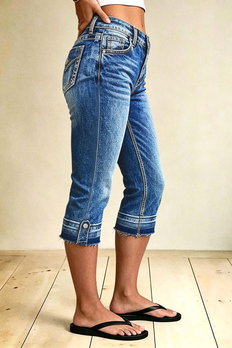 Raw Hem Button Tab Mid Waist Skinny Capri Jeans