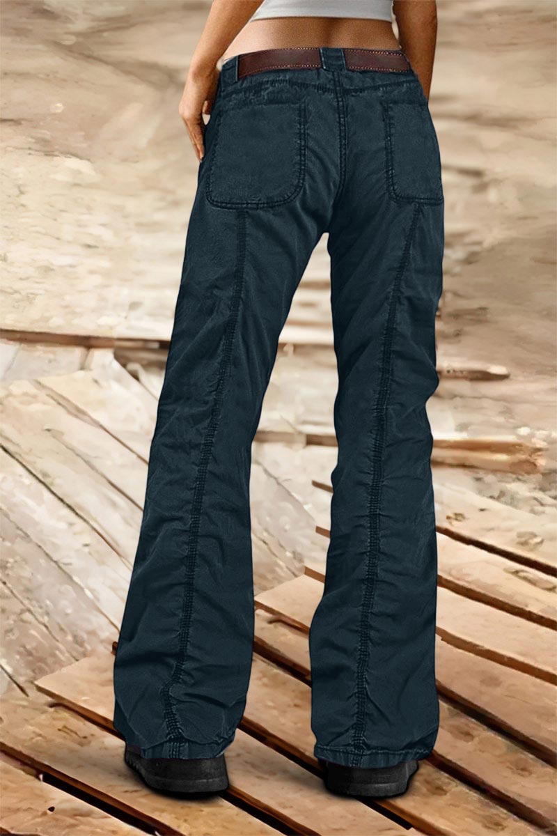 Solid Stitch Detail Mid Rise Straight Leg Cargo Pants Without Belt