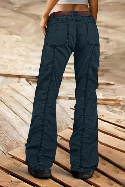 Solid Stitch Detail Mid Rise Straight Leg Cargo Pants Without Belt