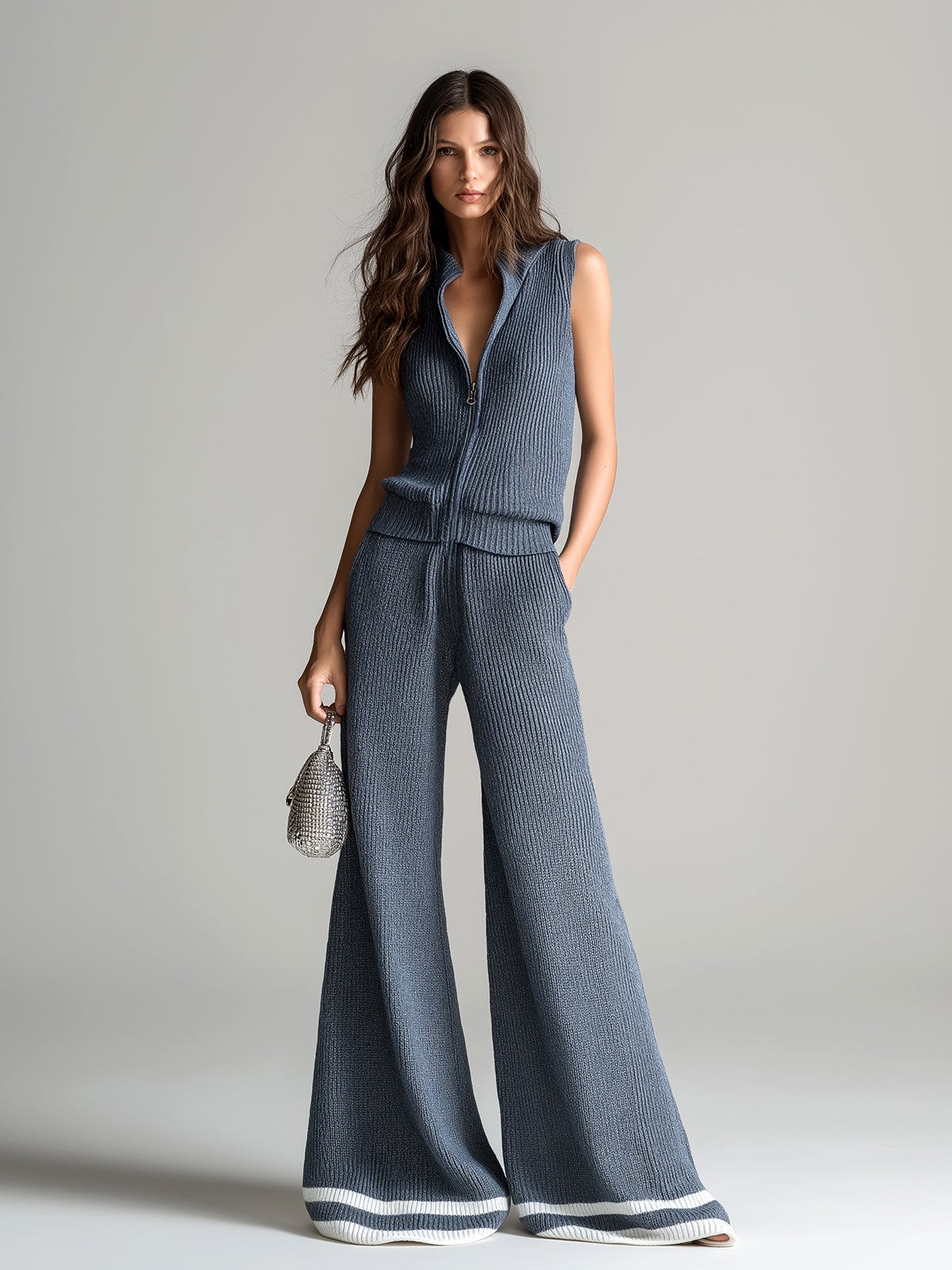 Chic Elegant Gray Stand Collar Zipper-Placket Vest Top Loose-Fit Contrast Stripes Wide-Leg Pants Ribbed Knit Two-Piece Set